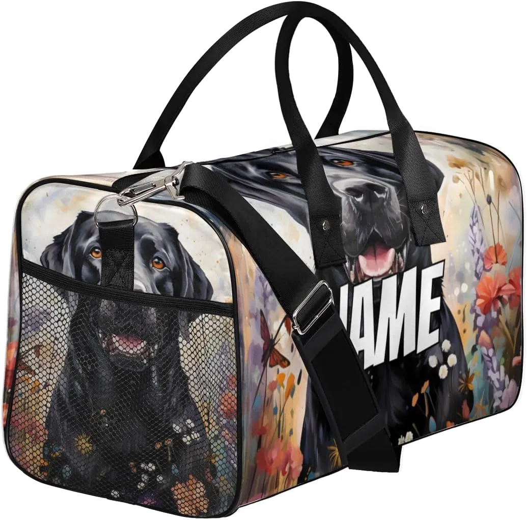 Personalized Black labrador dog Travel Duffel Bag with Name, Custom Gym Sport Bag Spring Painting Carry On Weekend Overnight Duffel Bag for Men Women