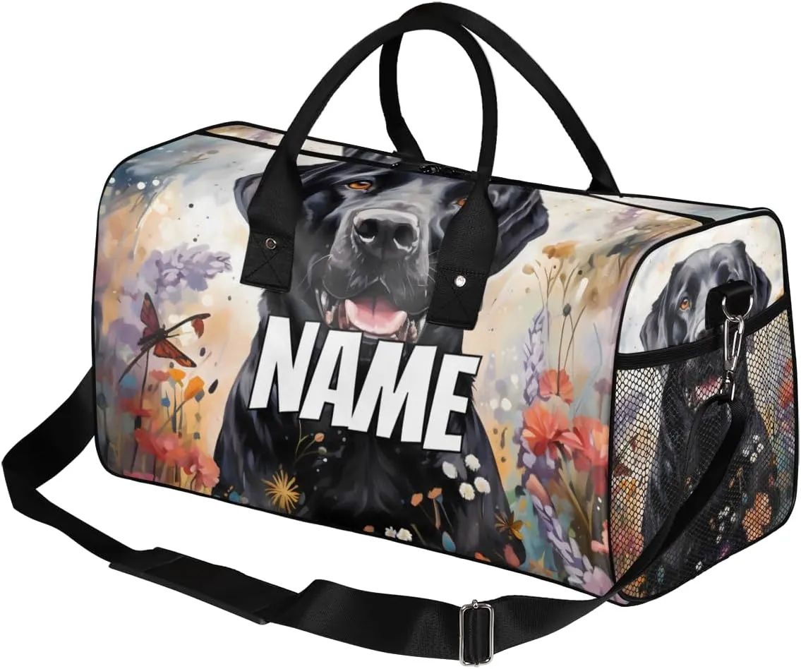Personalized Black labrador dog Travel Duffel Bag with Name, Custom Gym Sport Bag Spring Painting Carry On Weekend Overnight Duffel Bag for Men Women