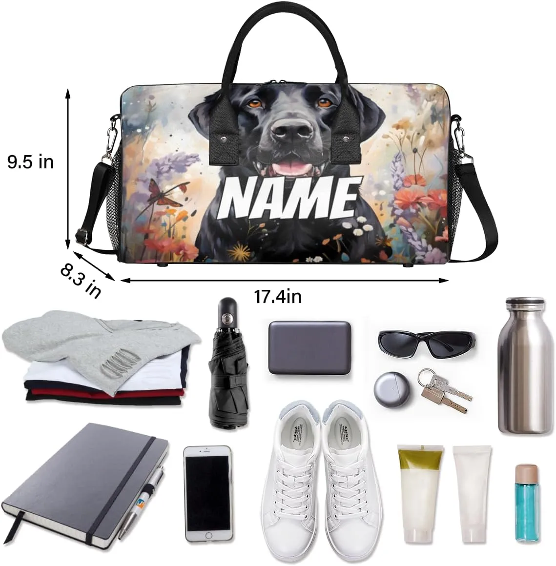 Personalized Black labrador dog Travel Duffel Bag with Name, Custom Gym Sport Bag Spring Painting Carry On Weekend Overnight Duffel Bag for Men Women
