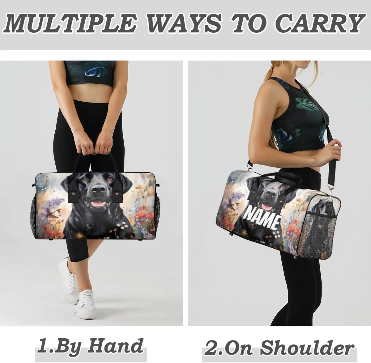 Personalized Black labrador dog Travel Duffel Bag with Name, Custom Gym Sport Bag Spring Painting Carry On Weekend Overnight Duffel Bag for Men Women