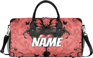 Personalized Black Pink Heart Travel Duffel Bag with Name, Custom Gym Sport Bag Retro Gothic Carry On Weekend Overnight Duffel Bag for Men Women