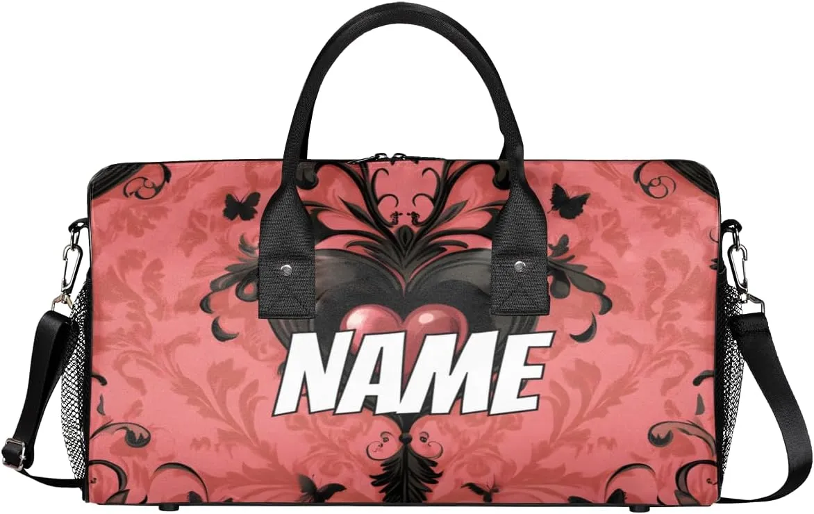Personalized Black Pink Heart Travel Duffel Bag with Name, Custom Gym Sport Bag Retro Gothic Carry On Weekend Overnight Duffel Bag for Men Women
