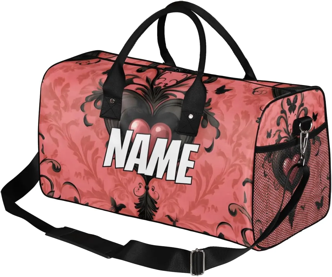 Personalized Black Pink Heart Travel Duffel Bag with Name, Custom Gym Sport Bag Retro Gothic Carry On Weekend Overnight Duffel Bag for Men Women