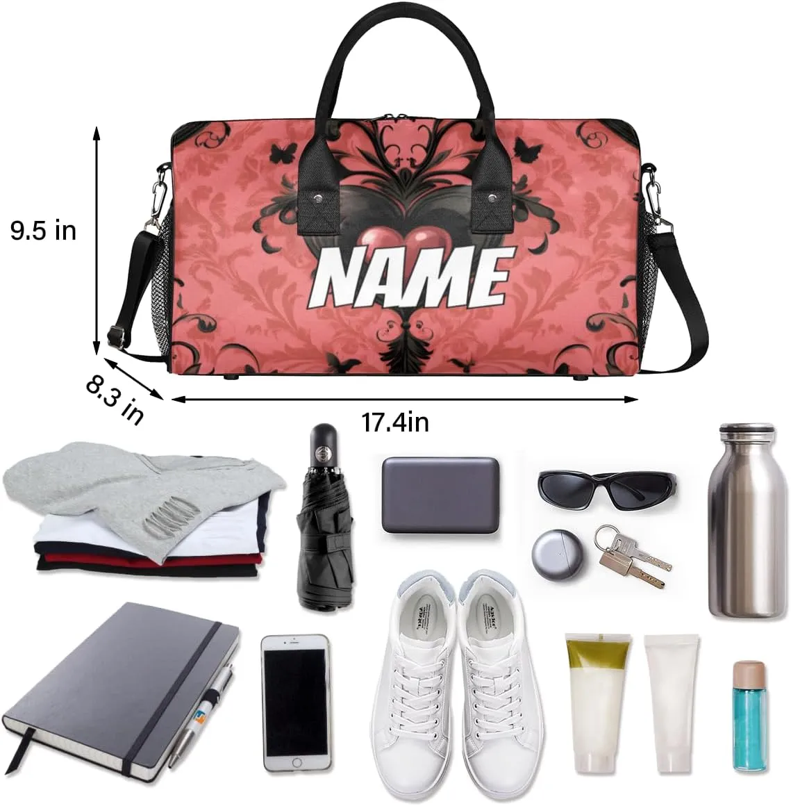 Personalized Black Pink Heart Travel Duffel Bag with Name, Custom Gym Sport Bag Retro Gothic Carry On Weekend Overnight Duffel Bag for Men Women