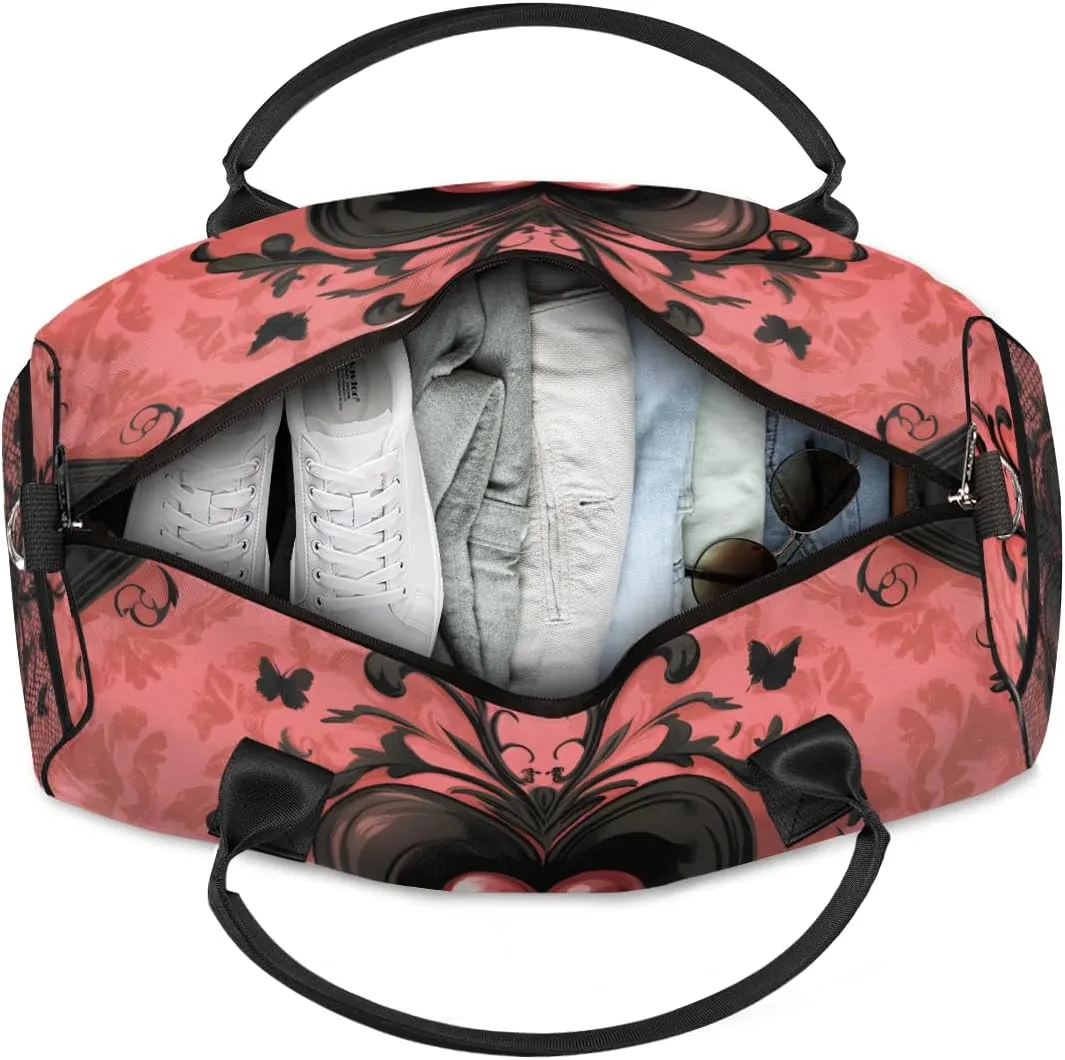 Personalized Black Pink Heart Travel Duffel Bag with Name, Custom Gym Sport Bag Retro Gothic Carry On Weekend Overnight Duffel Bag for Men Women