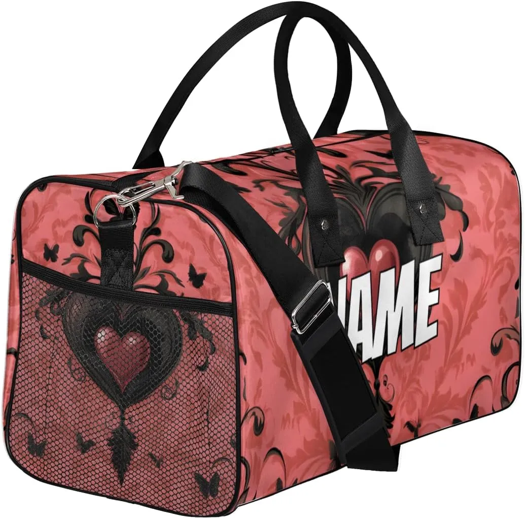 Personalized Black Pink Heart Travel Duffel Bag with Name, Custom Gym Sport Bag Retro Gothic Carry On Weekend Overnight Duffel Bag for Men Women