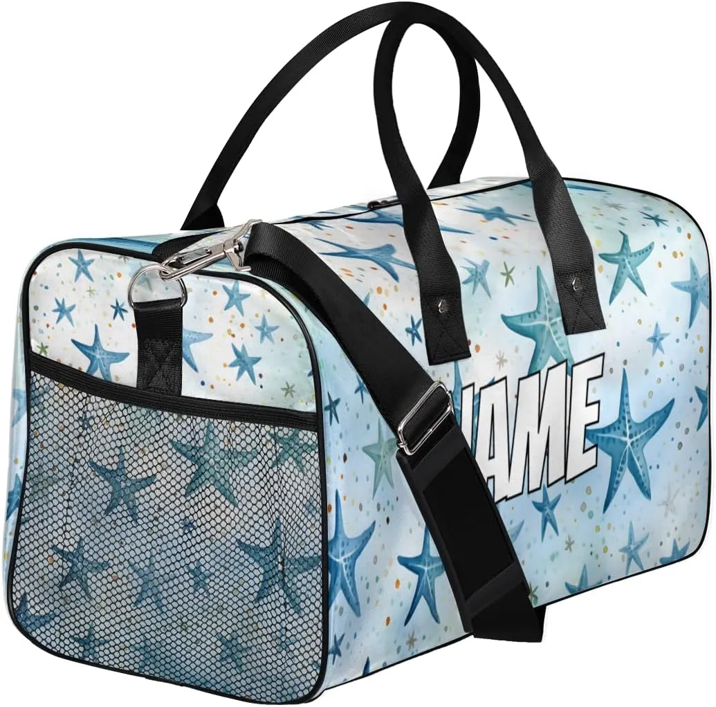 Personalized Blue Starfish Travel Duffel Bag with Name, Custom Gym Sport Bag Nautical Sea Carry On Weekend Overnight Duffel Bag for Men Women