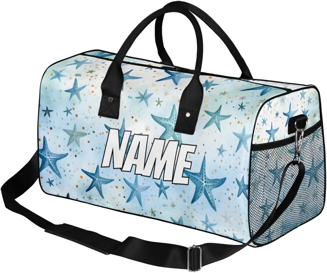 Personalized Blue Starfish Travel Duffel Bag with Name, Custom Gym Sport Bag Nautical Sea Carry On Weekend Overnight Duffel Bag for Men Women
