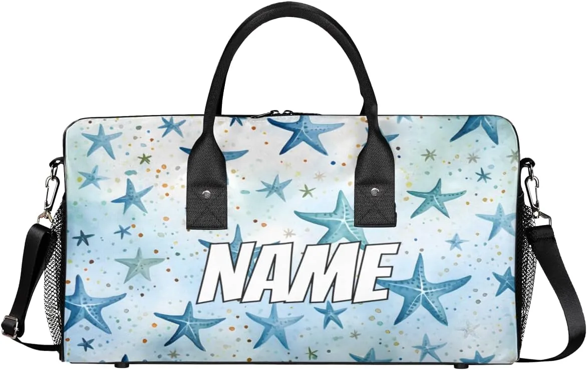 Personalized Blue Starfish Travel Duffel Bag with Name, Custom Gym Sport Bag Nautical Sea Carry On Weekend Overnight Duffel Bag for Men Women