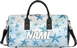 Personalized Blue Starfish Travel Duffel Bag with Name, Custom Gym Sport Bag Nautical Sea Carry On Weekend Overnight Duffel Bag for Men Women