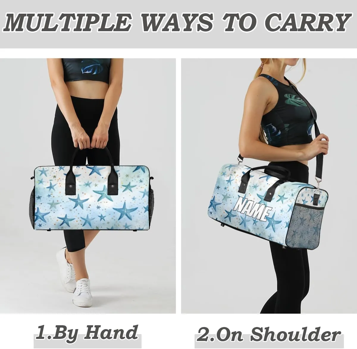 Personalized Blue Starfish Travel Duffel Bag with Name, Custom Gym Sport Bag Nautical Sea Carry On Weekend Overnight Duffel Bag for Men Women