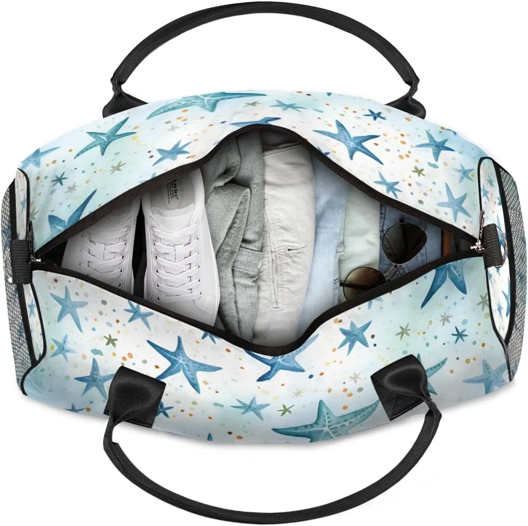 Personalized Blue Starfish Travel Duffel Bag with Name, Custom Gym Sport Bag Nautical Sea Carry On Weekend Overnight Duffel Bag for Men Women