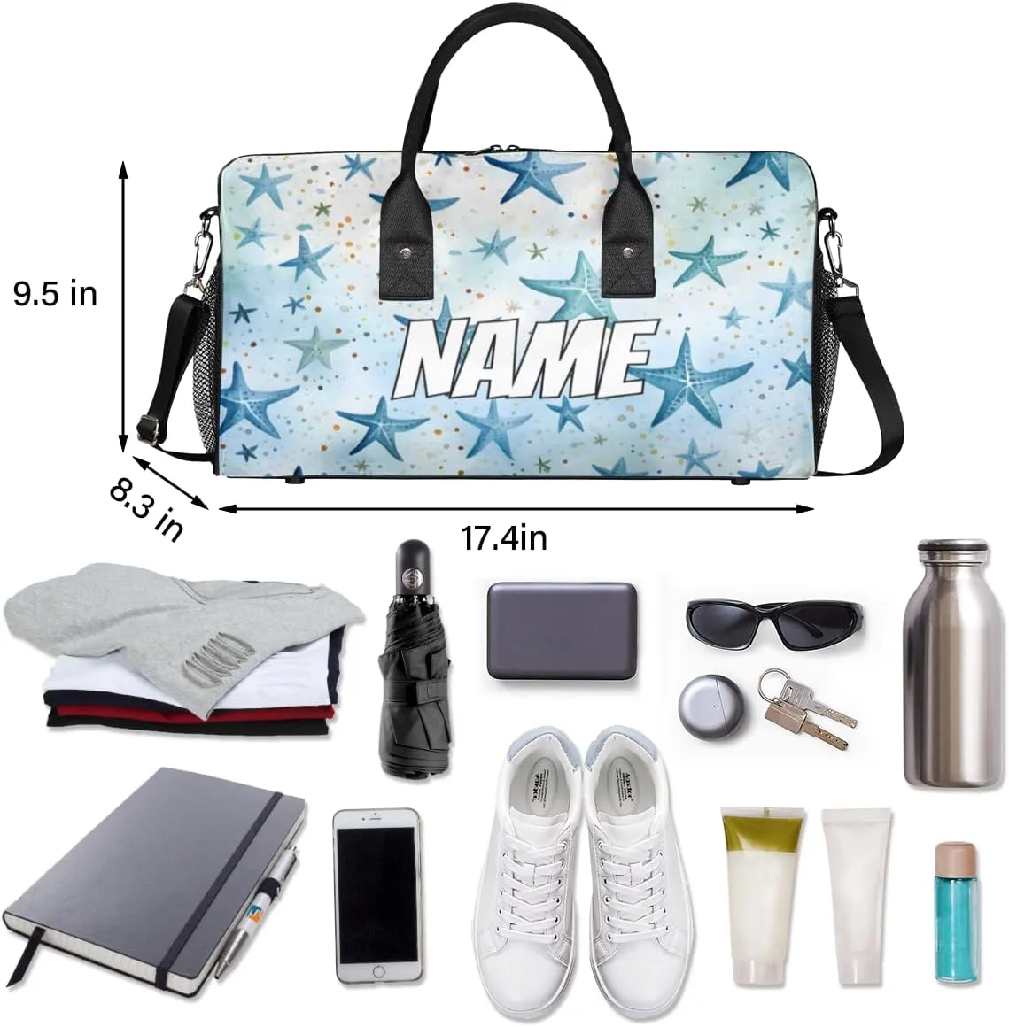 Personalized Blue Starfish Travel Duffel Bag with Name, Custom Gym Sport Bag Nautical Sea Carry On Weekend Overnight Duffel Bag for Men Women