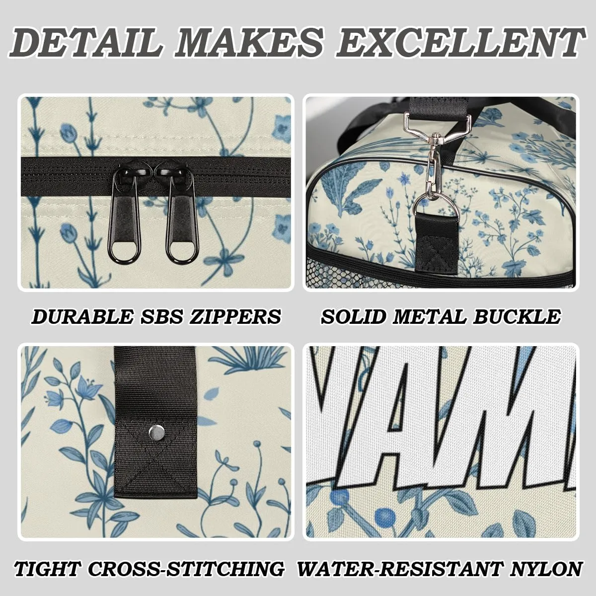 Personalized Blue Wildflower Travel Duffel Bag with Name, Custom Gym Sport Bag Floral Flower Plant Carry On Weekend Overnight Duffel Bag for Men Women