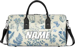 Personalized Blue Wildflower Travel Duffel Bag with Name, Custom Gym Sport Bag Floral Flower Plant Carry On Weekend Overnight Duffel Bag for Men Women