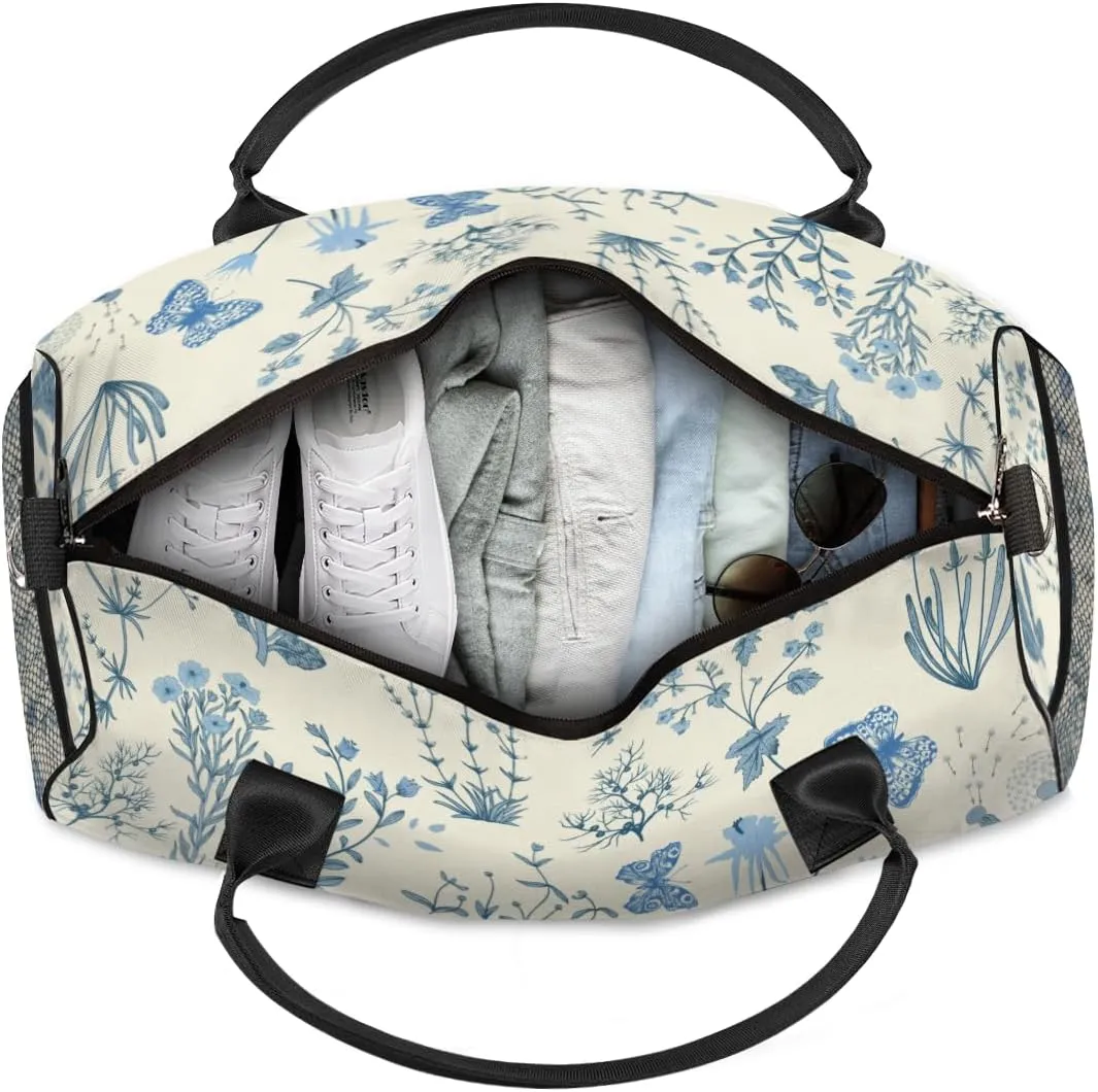 Personalized Blue Wildflower Travel Duffel Bag with Name, Custom Gym Sport Bag Floral Flower Plant Carry On Weekend Overnight Duffel Bag for Men Women