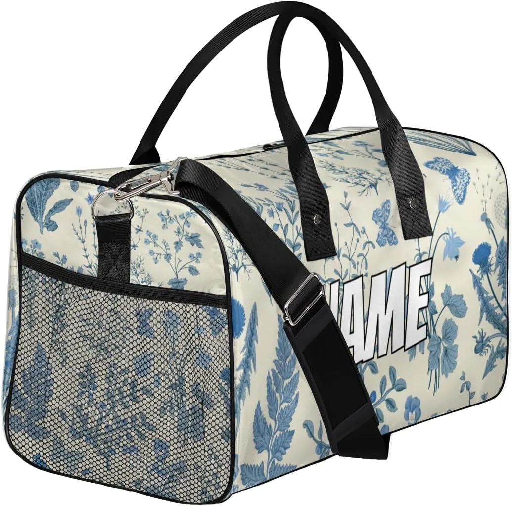 Personalized Blue Wildflower Travel Duffel Bag with Name, Custom Gym Sport Bag Floral Flower Plant Carry On Weekend Overnight Duffel Bag for Men Women