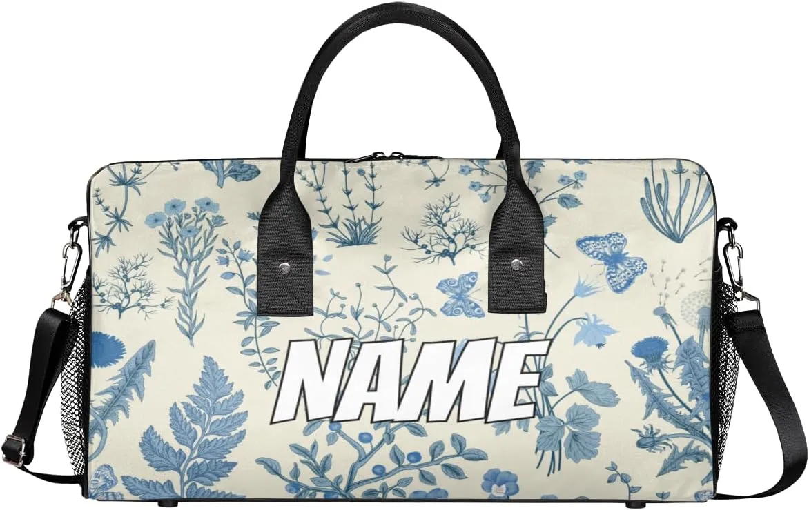 Personalized Blue Wildflower Travel Duffel Bag with Name, Custom Gym Sport Bag Floral Flower Plant Carry On Weekend Overnight Duffel Bag for Men Women