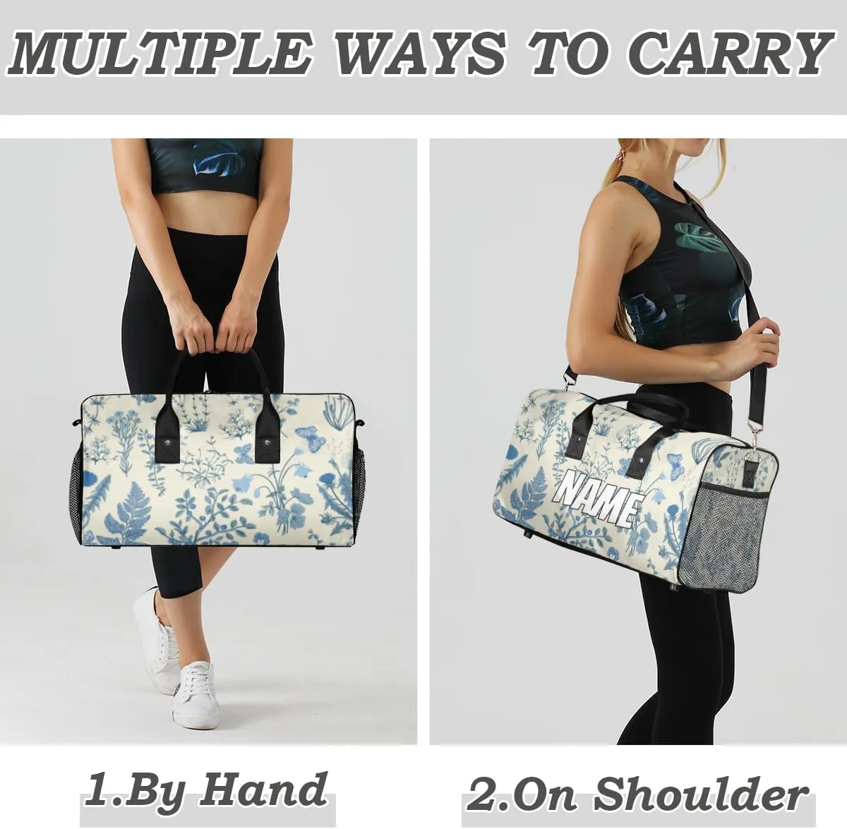 Personalized Blue Wildflower Travel Duffel Bag with Name, Custom Gym Sport Bag Floral Flower Plant Carry On Weekend Overnight Duffel Bag for Men Women