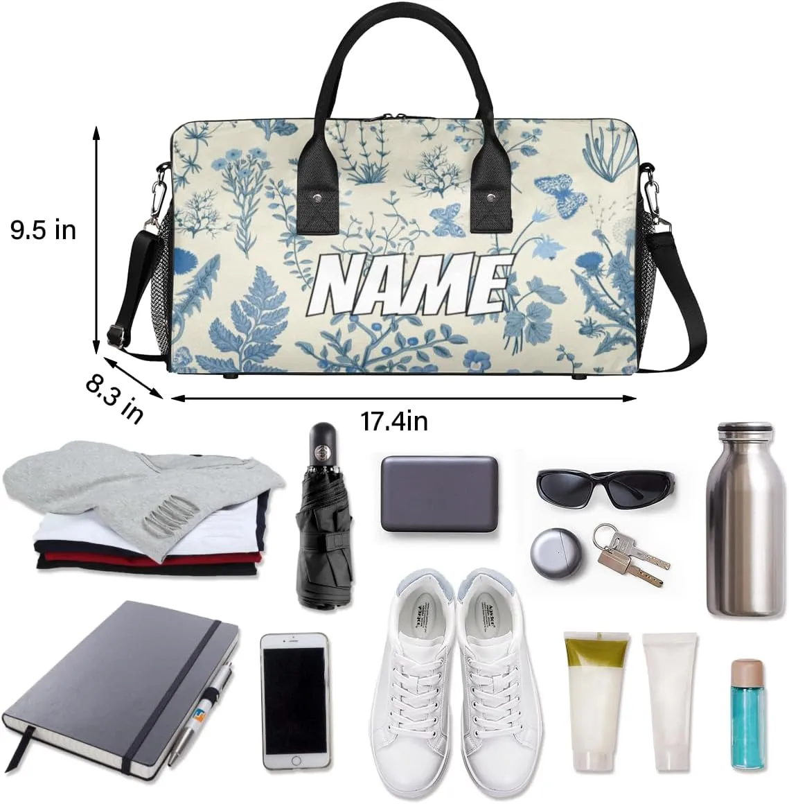 Personalized Blue Wildflower Travel Duffel Bag with Name, Custom Gym Sport Bag Floral Flower Plant Carry On Weekend Overnight Duffel Bag for Men Women