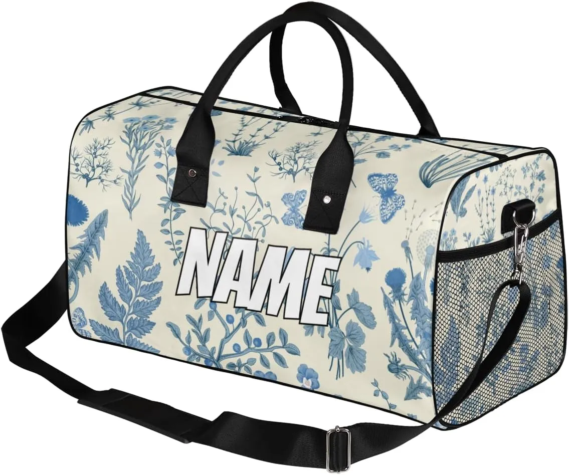Personalized Blue Wildflower Travel Duffel Bag with Name, Custom Gym Sport Bag Floral Flower Plant Carry On Weekend Overnight Duffel Bag for Men Women