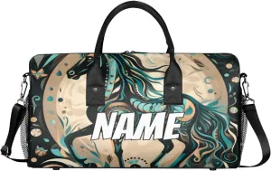 Personalized Boho Horse Travel Duffel Bag with Name, Custom Gym Sport Bag Vintage Animal Carry On Weekend Overnight Duffel Bag for Men Women