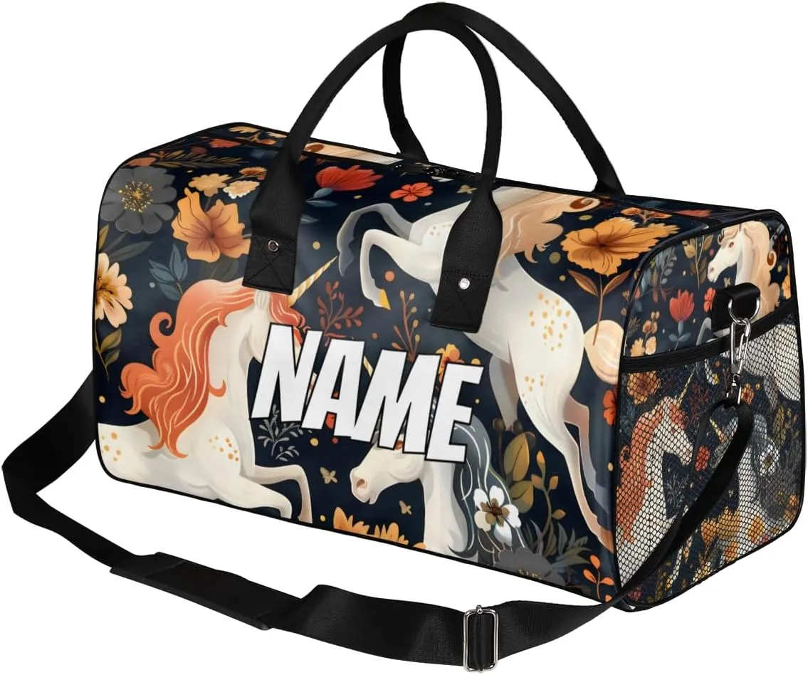 Personalized Boho Unicorn Travel Duffel Bag with Name, Custom Gym Sport Bag Flower Retro Carry On Weekend Overnight Duffel Bag for Men Women