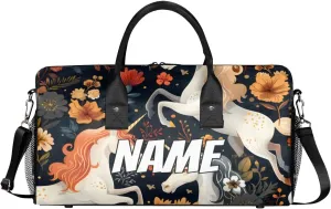 Personalized Boho Unicorn Travel Duffel Bag with Name, Custom Gym Sport Bag Flower Retro Carry On Weekend Overnight Duffel Bag for Men Women