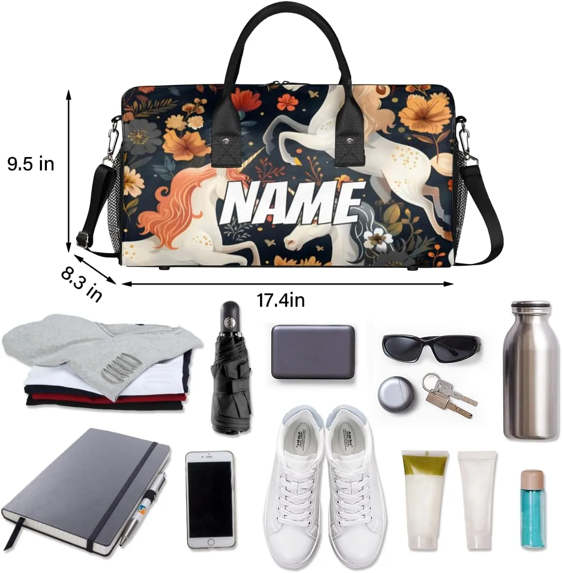 Personalized Boho Unicorn Travel Duffel Bag with Name, Custom Gym Sport Bag Flower Retro Carry On Weekend Overnight Duffel Bag for Men Women
