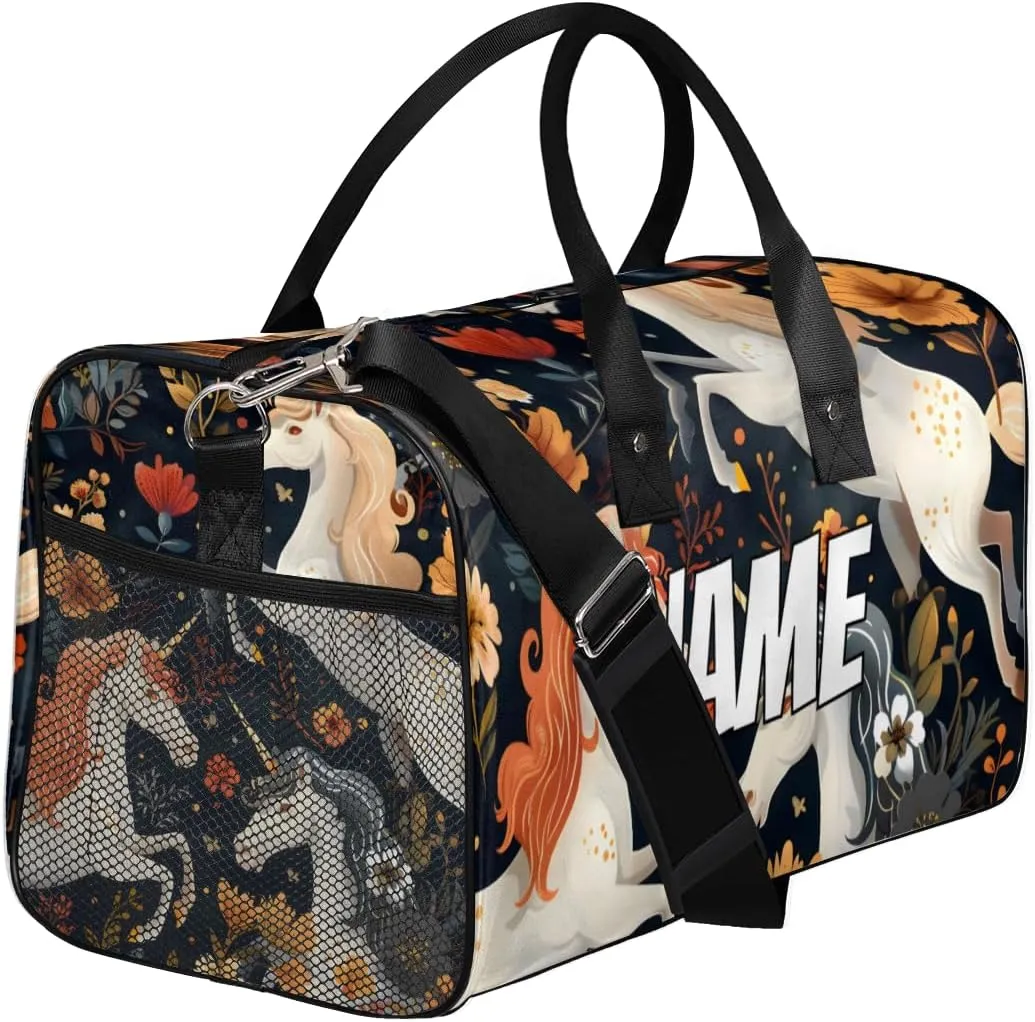 Personalized Boho Unicorn Travel Duffel Bag with Name, Custom Gym Sport Bag Flower Retro Carry On Weekend Overnight Duffel Bag for Men Women