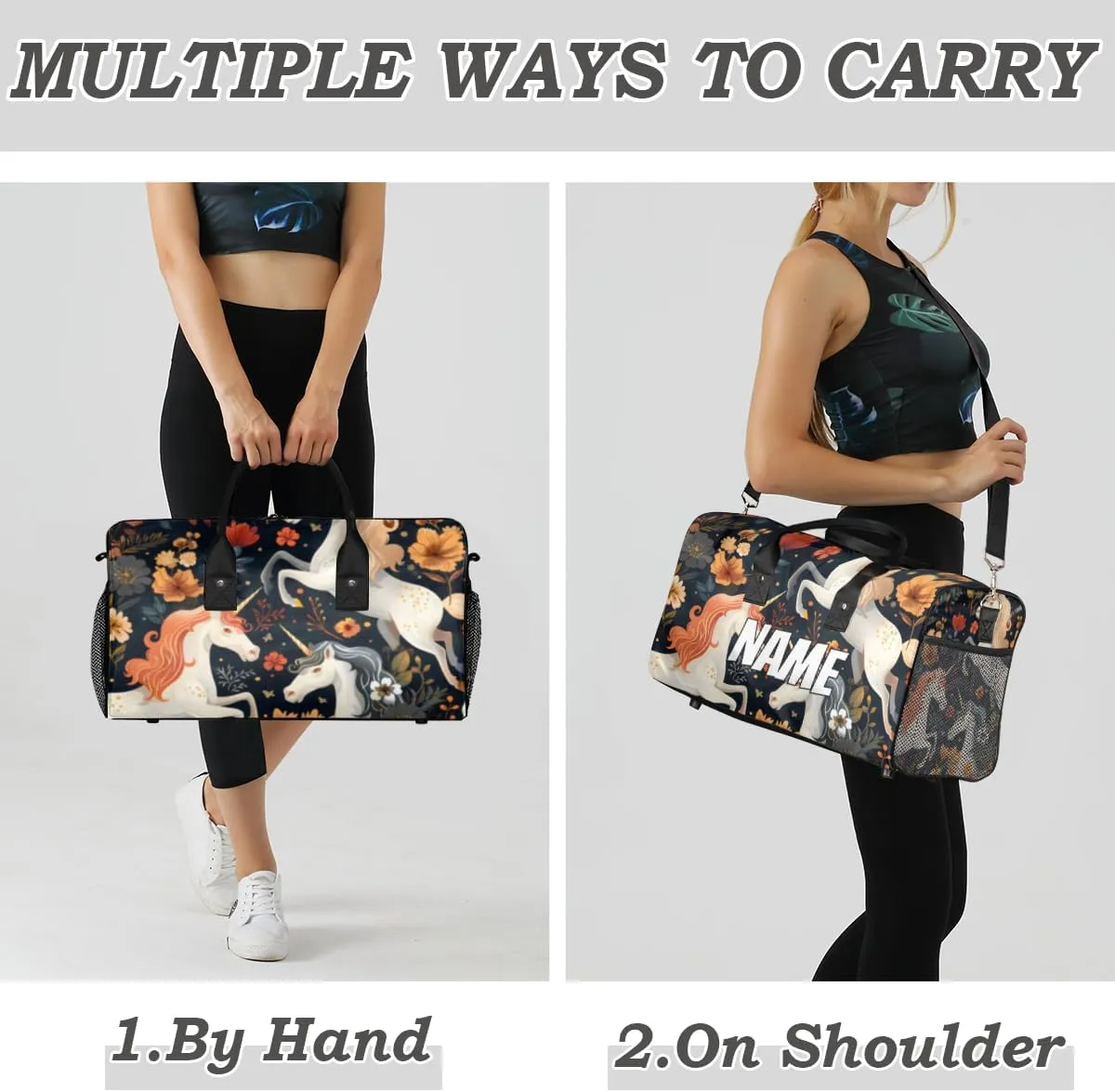 Personalized Boho Unicorn Travel Duffel Bag with Name, Custom Gym Sport Bag Flower Retro Carry On Weekend Overnight Duffel Bag for Men Women