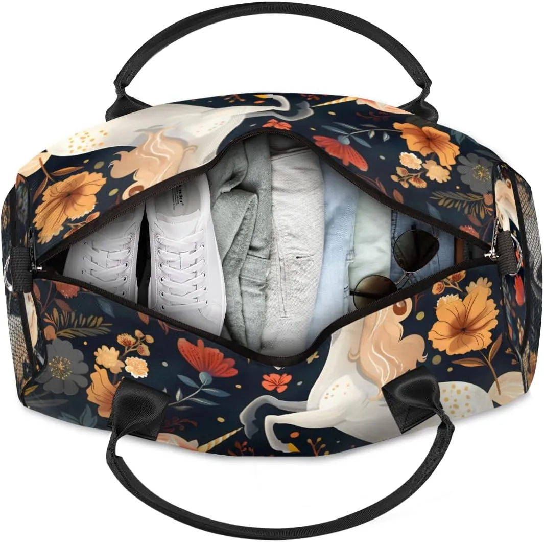 Personalized Boho Unicorn Travel Duffel Bag with Name, Custom Gym Sport Bag Flower Retro Carry On Weekend Overnight Duffel Bag for Men Women