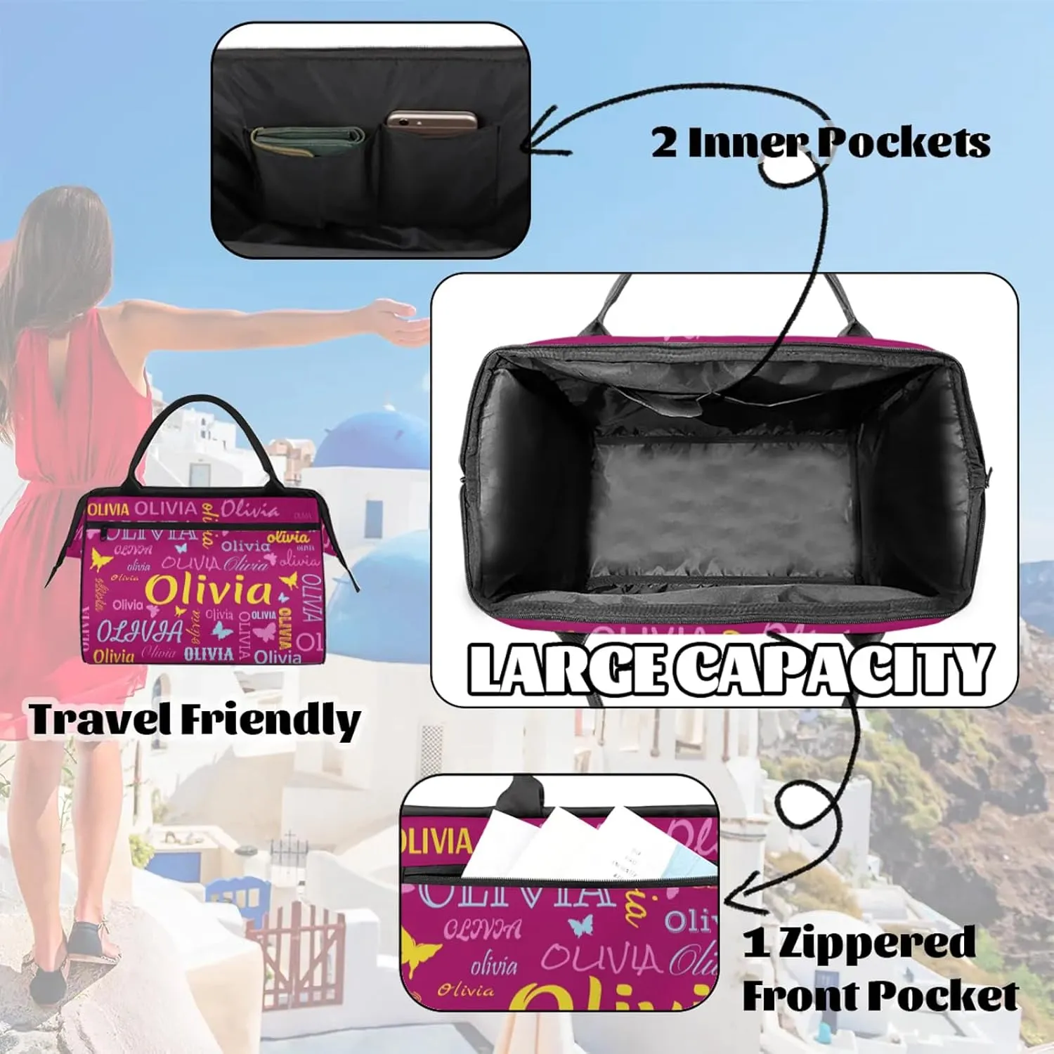 Personalized Butterfly Duffel Bag with Name Custom Travel Sports Bag for Women Men Waterproof Dance Ballet Bag Lightweight 15.2in, Berry