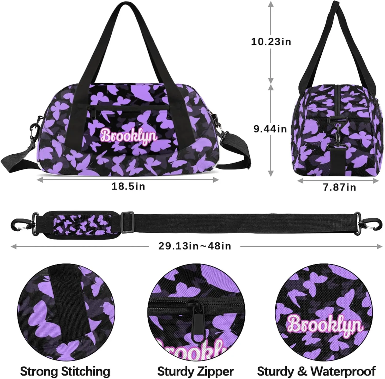 Personalized Butterfly Duffel Bag with Name Custom Travel Sports Bag for Women Men Waterproof Dance Ballet Bag Lightweight 18.5in, Light Purple