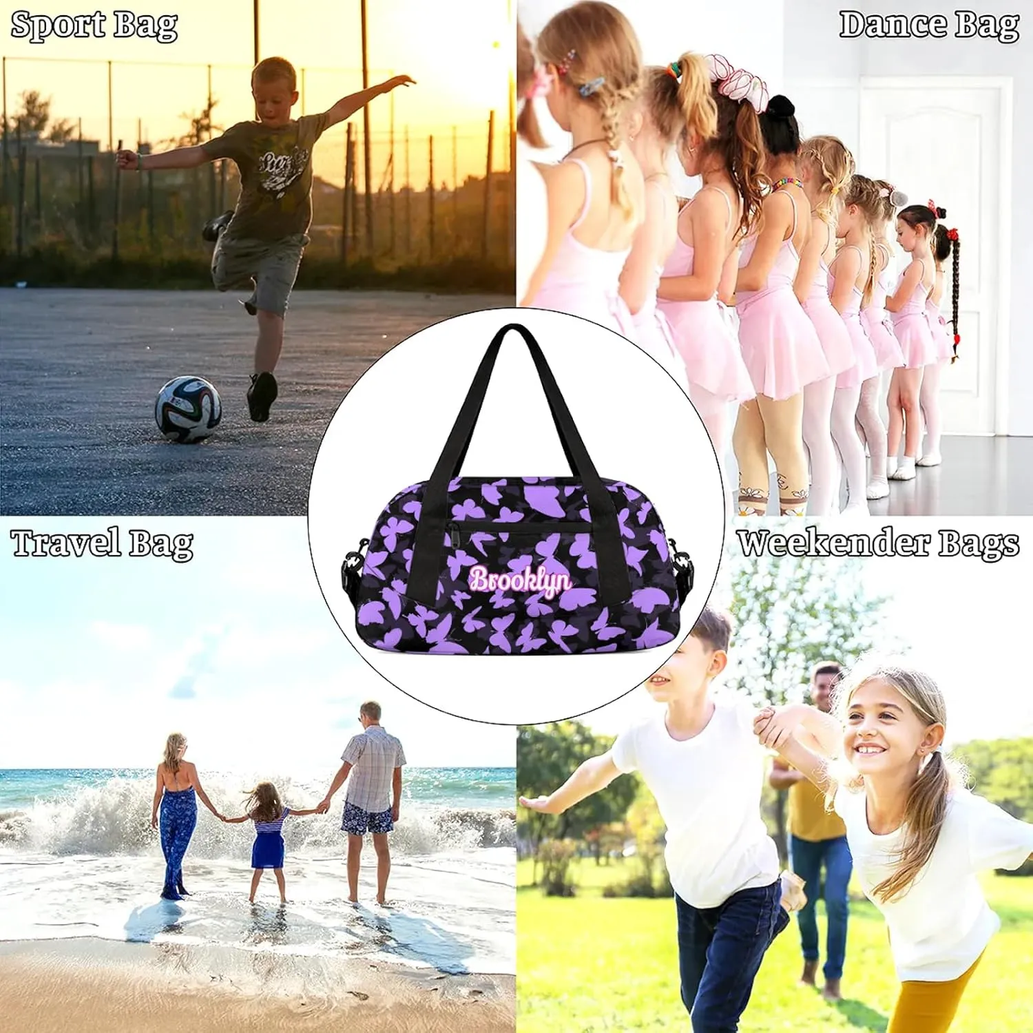 Personalized Butterfly Duffel Bag with Name Custom Travel Sports Bag for Women Men Waterproof Dance Ballet Bag Lightweight 18.5in, Light Purple