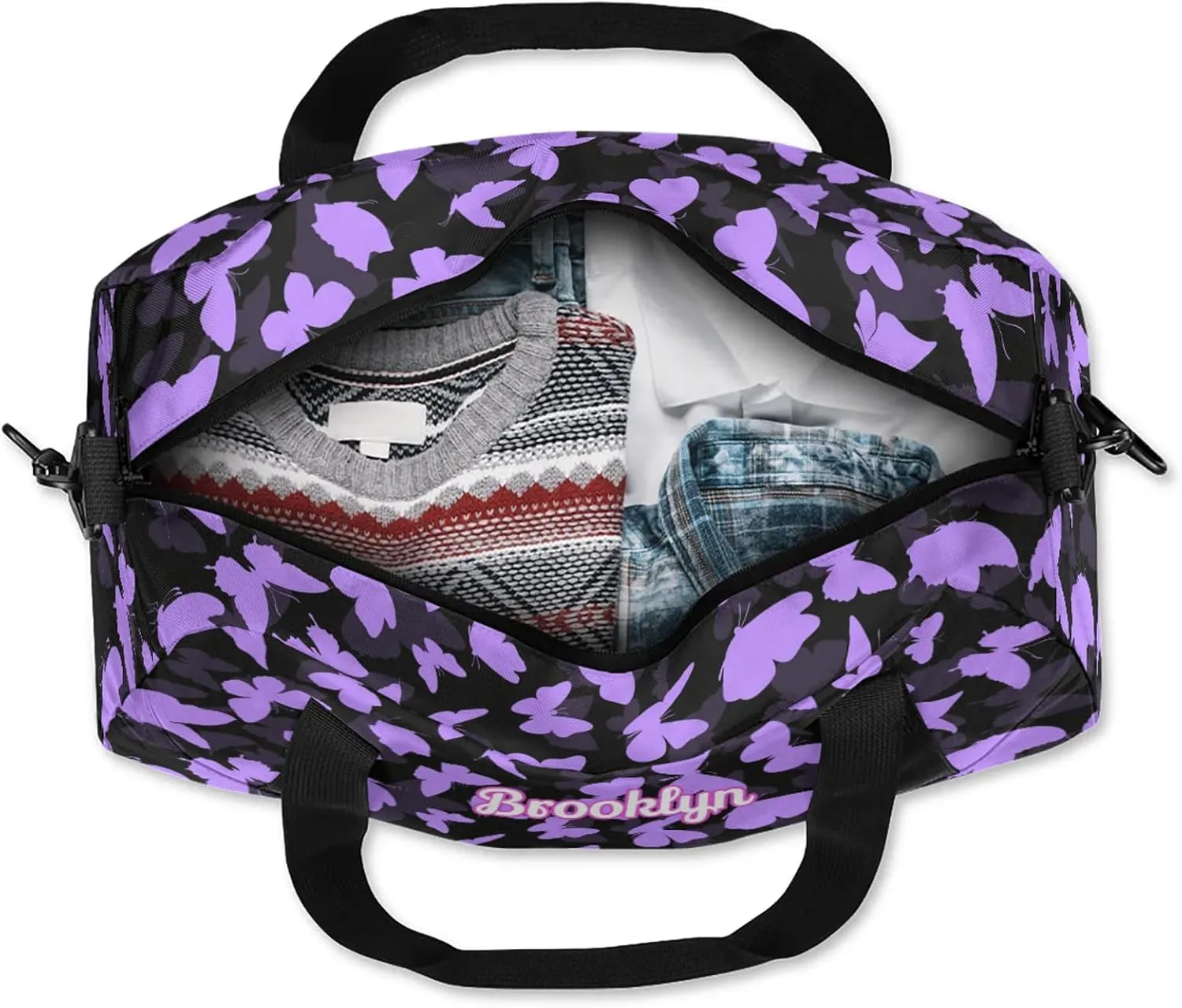 Personalized Butterfly Duffel Bag with Name Custom Travel Sports Bag for Women Men Waterproof Dance Ballet Bag Lightweight 18.5in, Light Purple