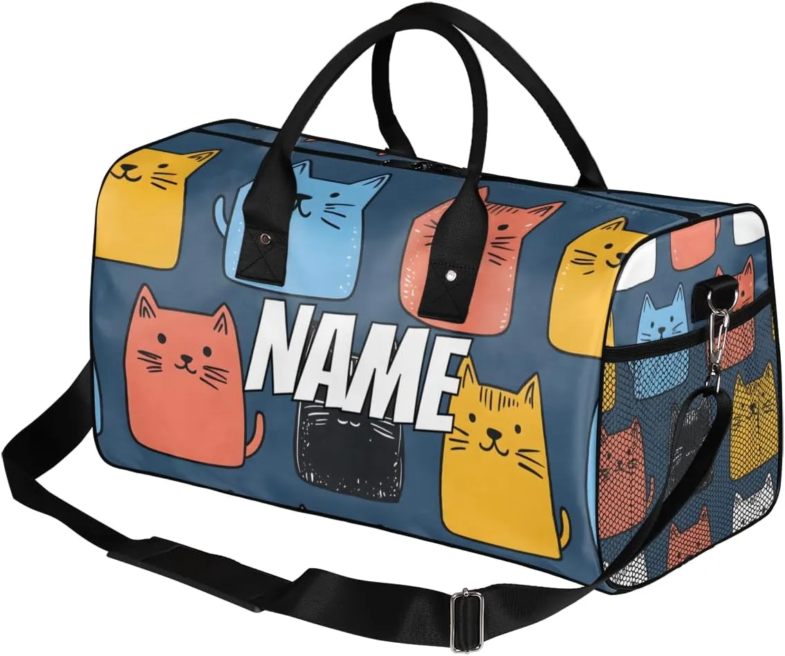 Personalized Cartoon Cats Travel Duffel Bag with Name, Custom Gym Sport Bag Cute Kitty Carry On Weekend Overnight Duffel Bag for Men Women
