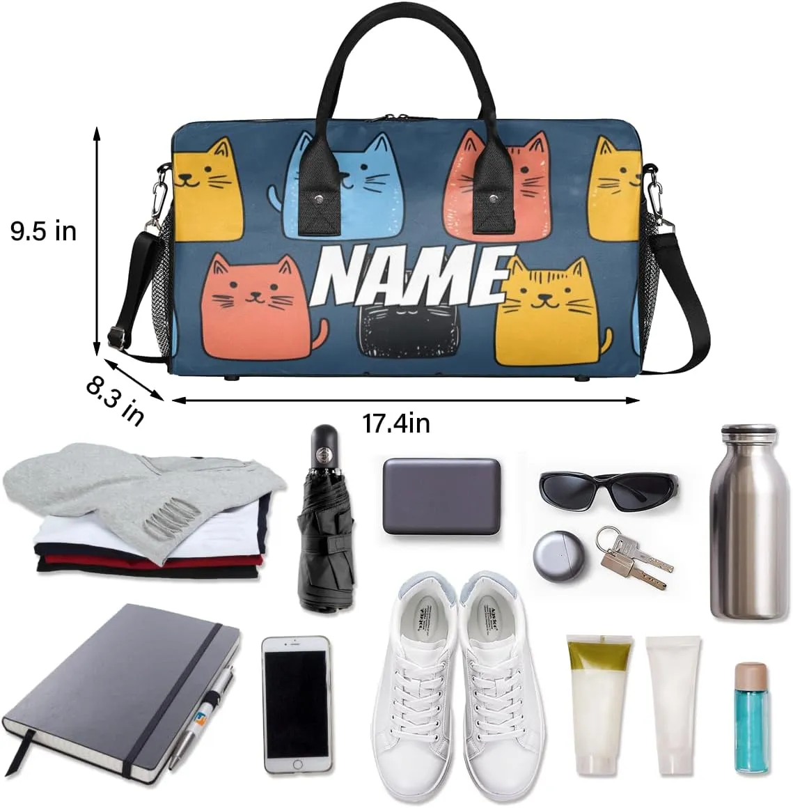 Personalized Cartoon Cats Travel Duffel Bag with Name, Custom Gym Sport Bag Cute Kitty Carry On Weekend Overnight Duffel Bag for Men Women
