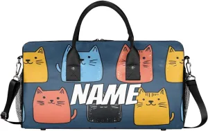 Personalized Cartoon Cats Travel Duffel Bag with Name, Custom Gym Sport Bag Cute Kitty Carry On Weekend Overnight Duffel Bag for Men Women