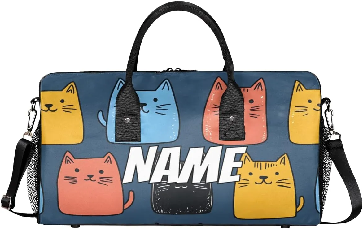 Personalized Cartoon Cats Travel Duffel Bag with Name, Custom Gym Sport Bag Cute Kitty Carry On Weekend Overnight Duffel Bag for Men Women