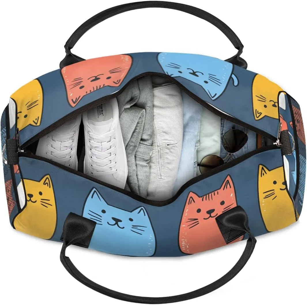 Personalized Cartoon Cats Travel Duffel Bag with Name, Custom Gym Sport Bag Cute Kitty Carry On Weekend Overnight Duffel Bag for Men Women