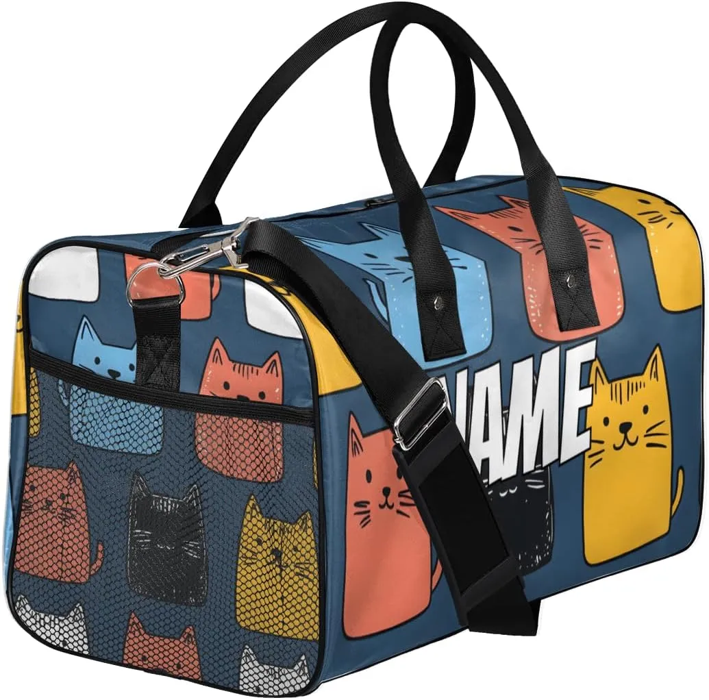 Personalized Cartoon Cats Travel Duffel Bag with Name, Custom Gym Sport Bag Cute Kitty Carry On Weekend Overnight Duffel Bag for Men Women