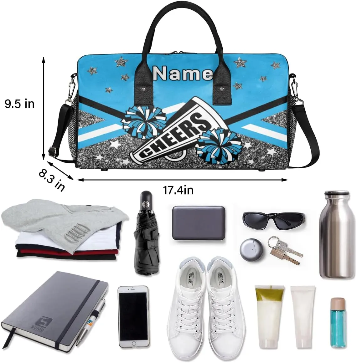 Personalized Cheer Bag Custom Cheerleader Bag with Name Customized Gym Bag Sport Travel Duffel Bag for Women, Blue Silver Gillter