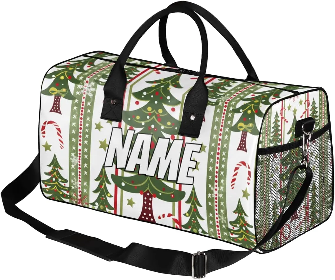 Personalized Christmas Holidays Travel Duffel Bag with Name, Custom Gym Sport Bag Pine Tree Carry On Weekend Overnight Duffel Bag for Men Women