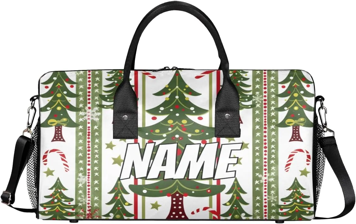 Personalized Christmas Holidays Travel Duffel Bag with Name, Custom Gym Sport Bag Pine Tree Carry On Weekend Overnight Duffel Bag for Men Women