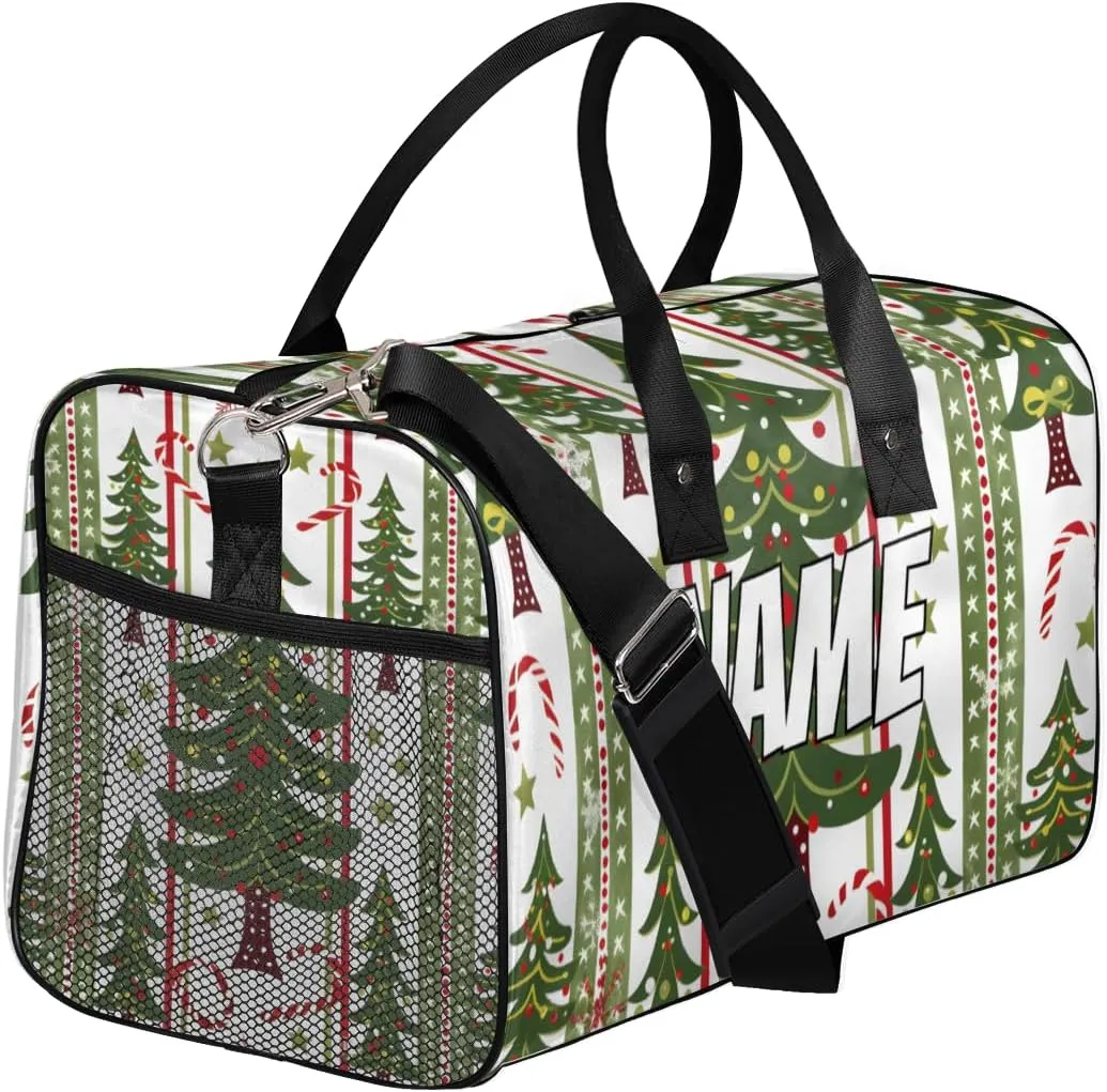Personalized Christmas Holidays Travel Duffel Bag with Name, Custom Gym Sport Bag Pine Tree Carry On Weekend Overnight Duffel Bag for Men Women