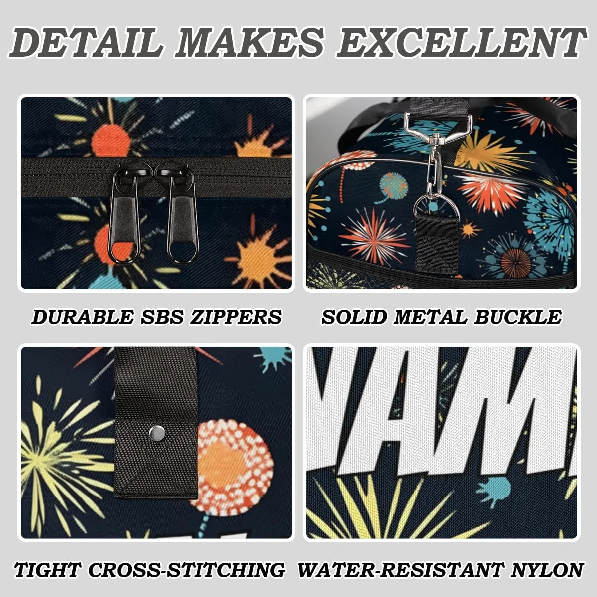 Personalized Colorful Fireworks Travel Duffel Bag with Name, Custom Gym Sport Bag 4th of July Carry On Weekend Overnight Duffel Bag for Men Women
