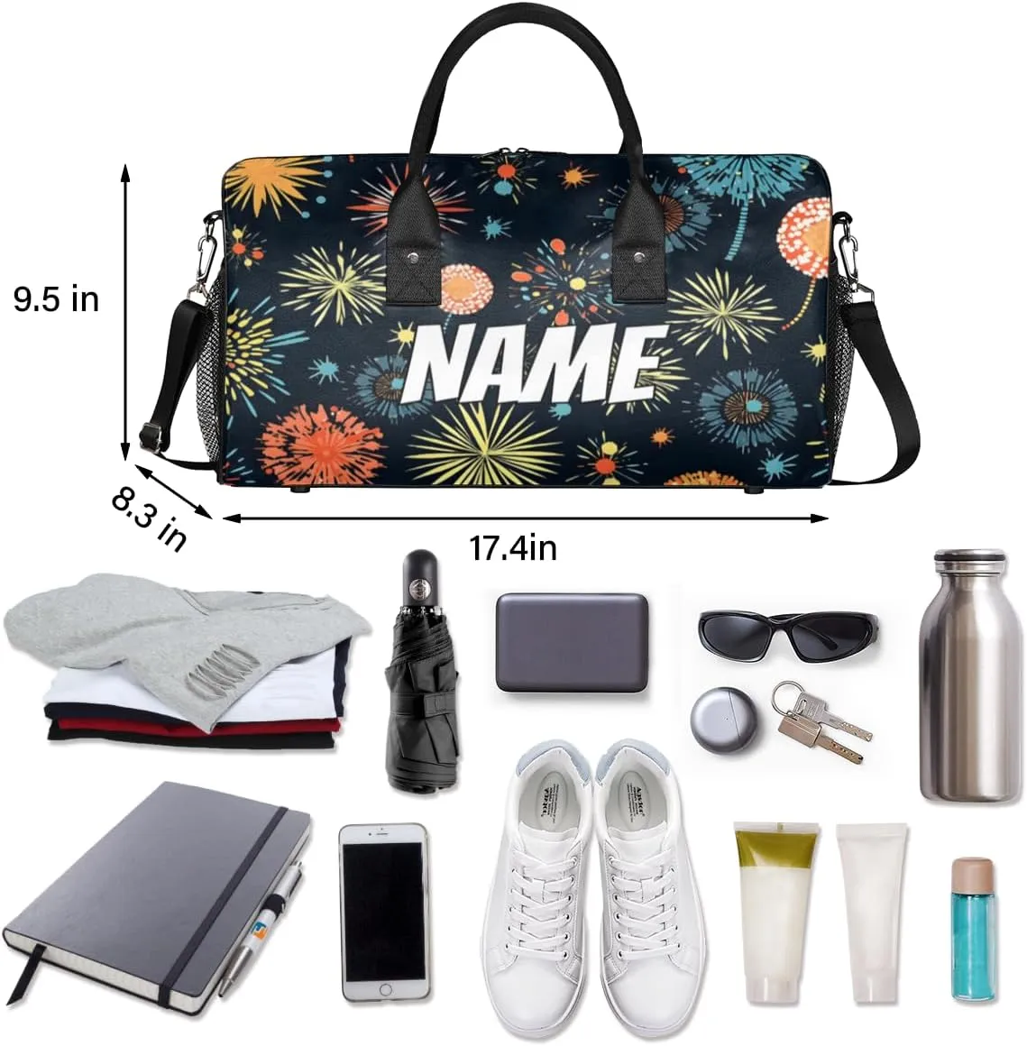Personalized Colorful Fireworks Travel Duffel Bag with Name, Custom Gym Sport Bag 4th of July Carry On Weekend Overnight Duffel Bag for Men Women