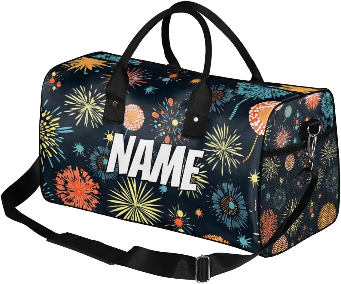 Personalized Colorful Fireworks Travel Duffel Bag with Name, Custom Gym Sport Bag 4th of July Carry On Weekend Overnight Duffel Bag for Men Women