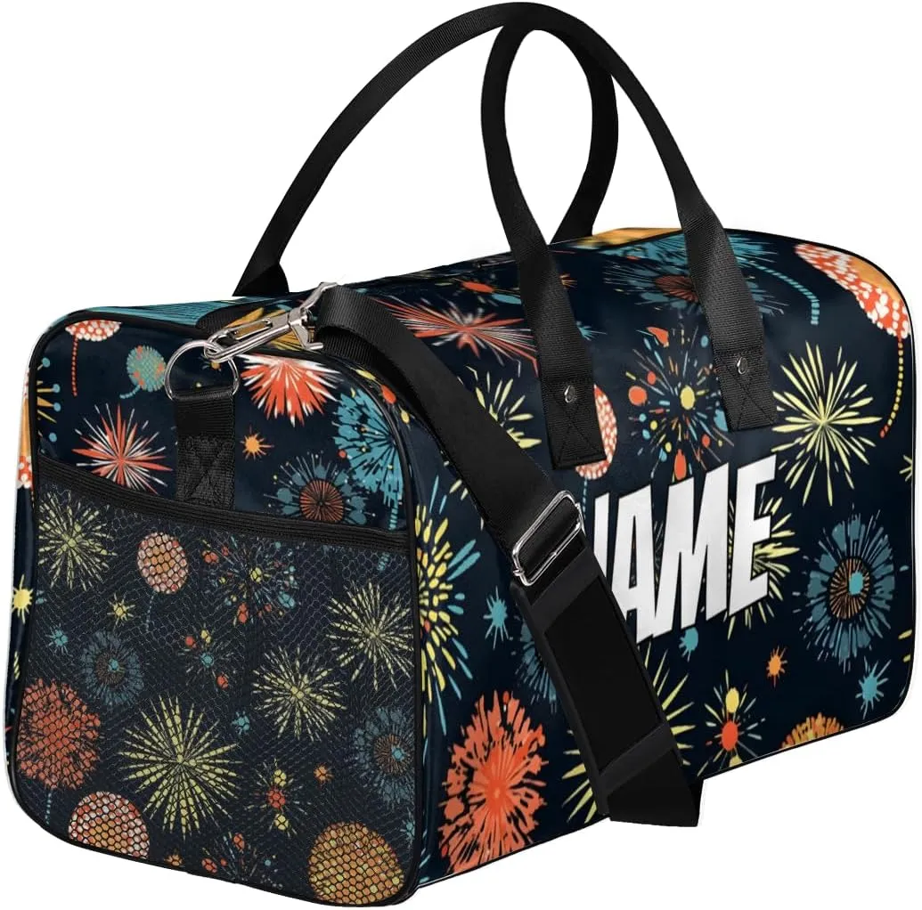 Personalized Colorful Fireworks Travel Duffel Bag with Name, Custom Gym Sport Bag 4th of July Carry On Weekend Overnight Duffel Bag for Men Women